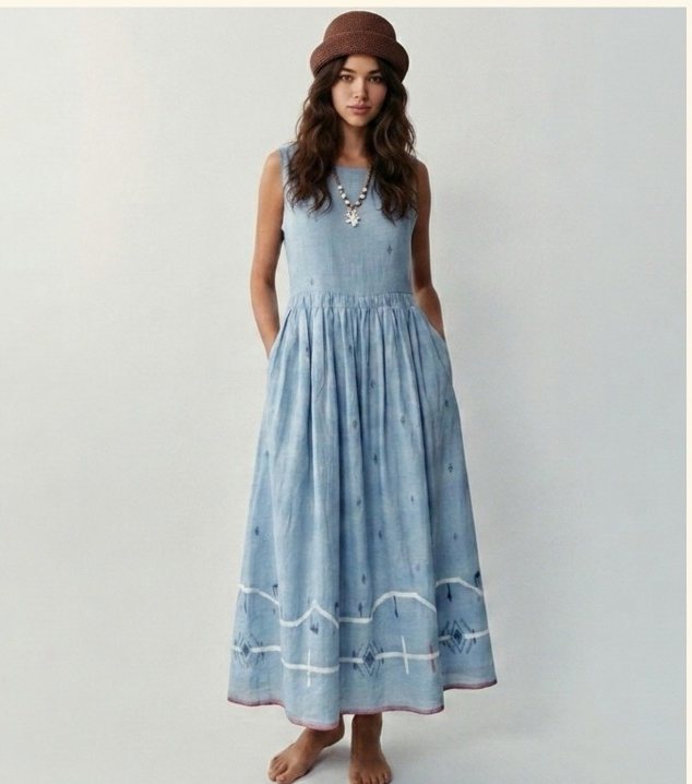 Studio hero shot of the blue dress with a brown bucket hat