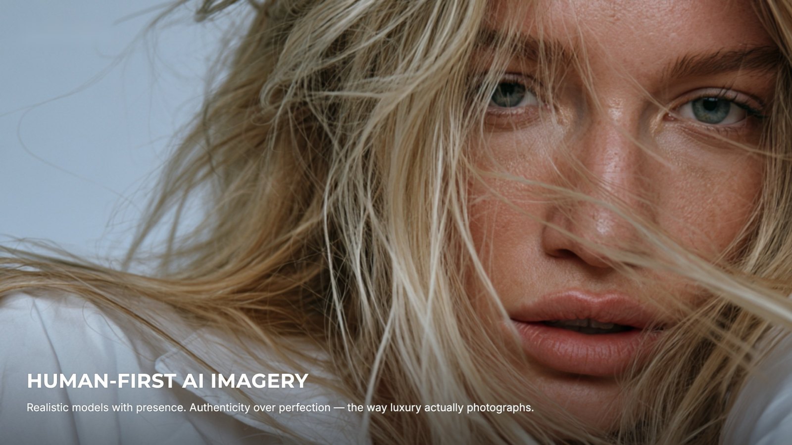 Extreme close-up of a blonde model with windswept hair