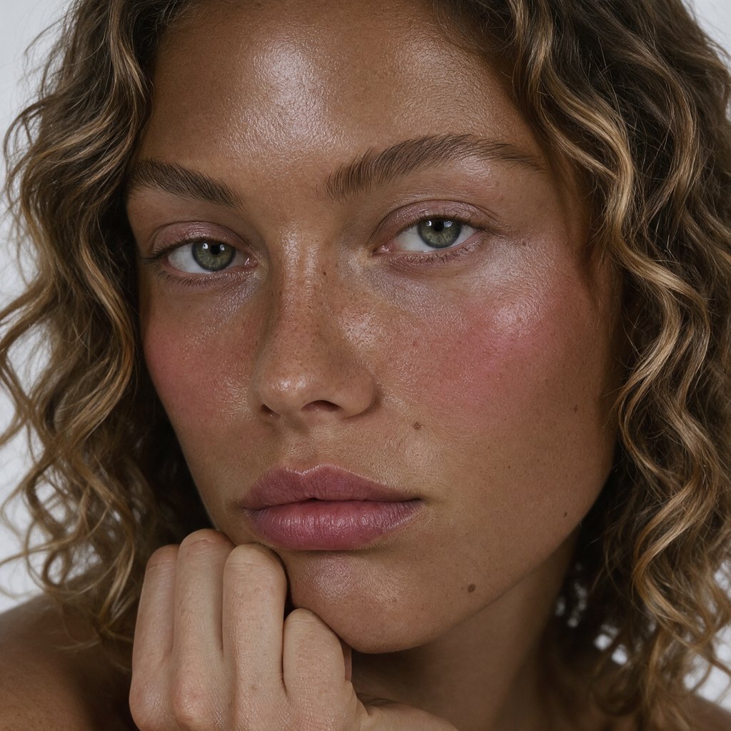 Close portrait of the model with curly hair resting her chin on her hand
