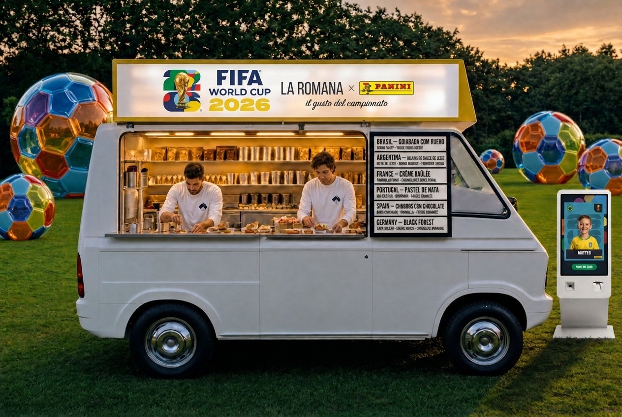 Pop-up gelato truck branded La Romana × Panini with giant football sculptures and a photo kiosk