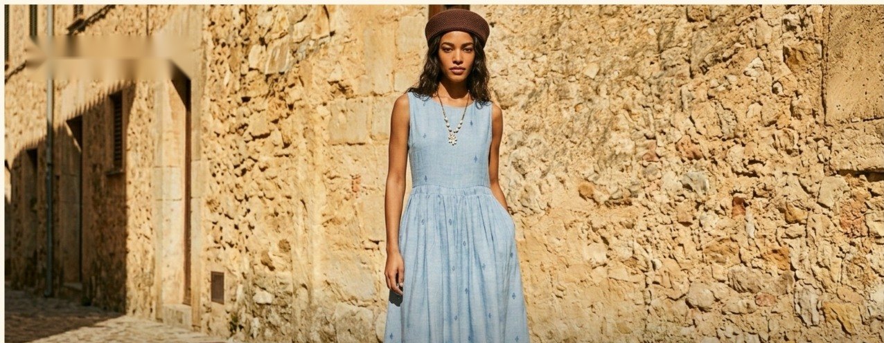 Model in a pale blue embroidered dress against a sandstone wall