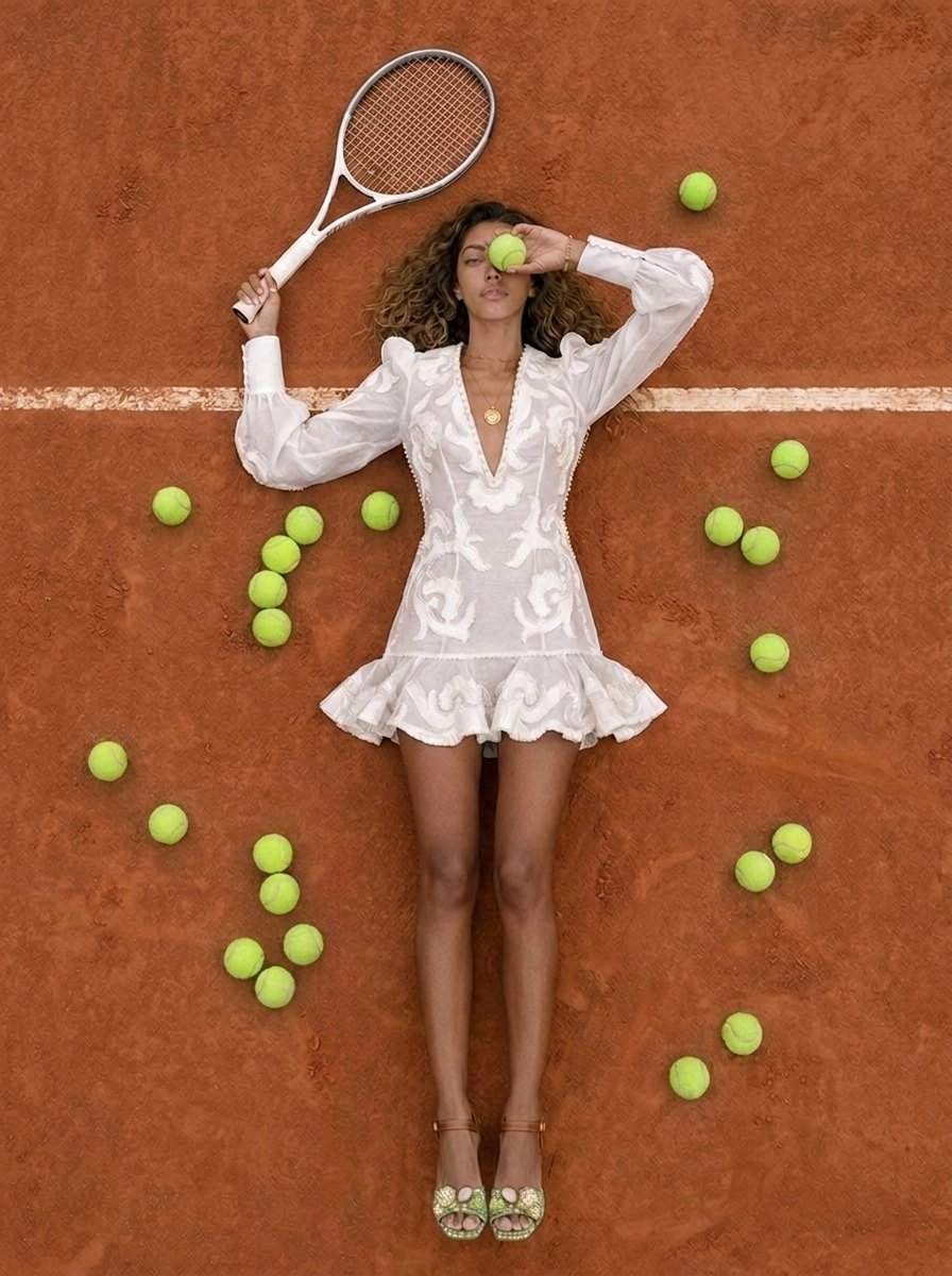 Overhead shot of the model lying on red clay among scattered tennis balls