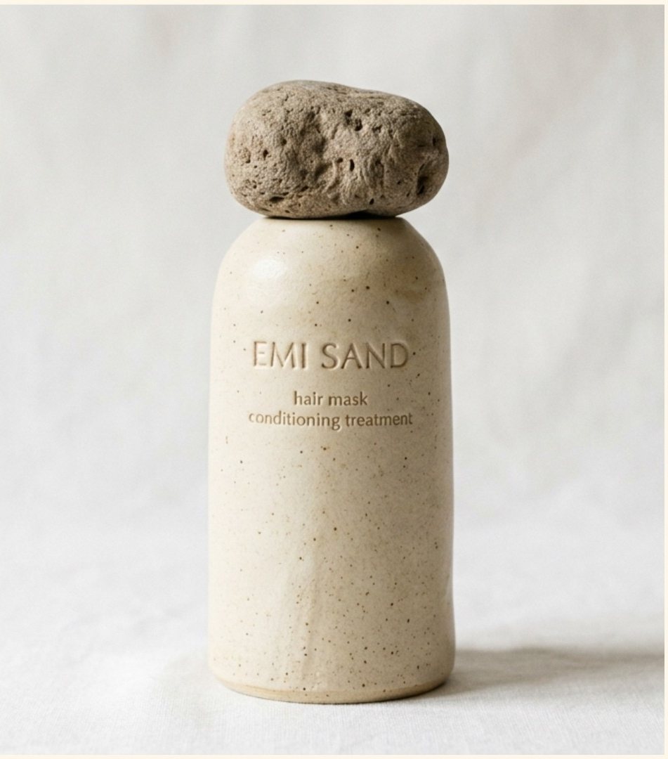Emi Sand hair mask bottle topped with a stone