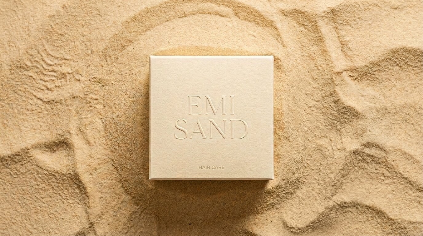 Emi Sand hair care box embossed on sand