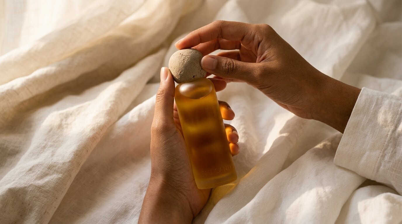 Hands holding an Emi Sand oil bottle topped with a stone, on linen