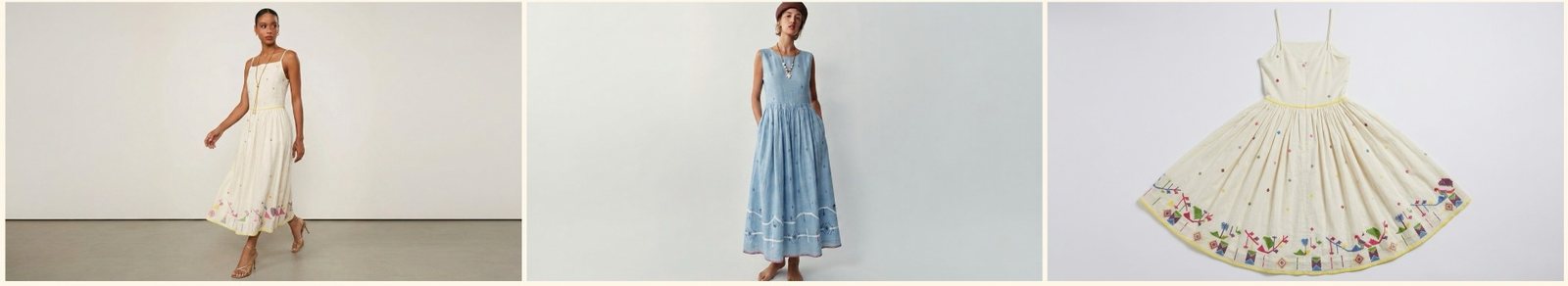 Three asset variations of the same dress: walking, studio standing and flat lay