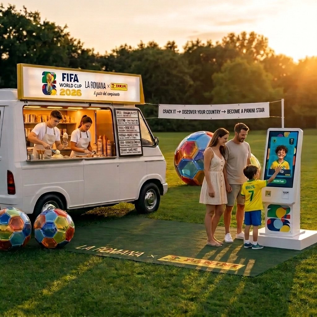 Brand activation scene with truck, banner and Panini photo pod at sunset