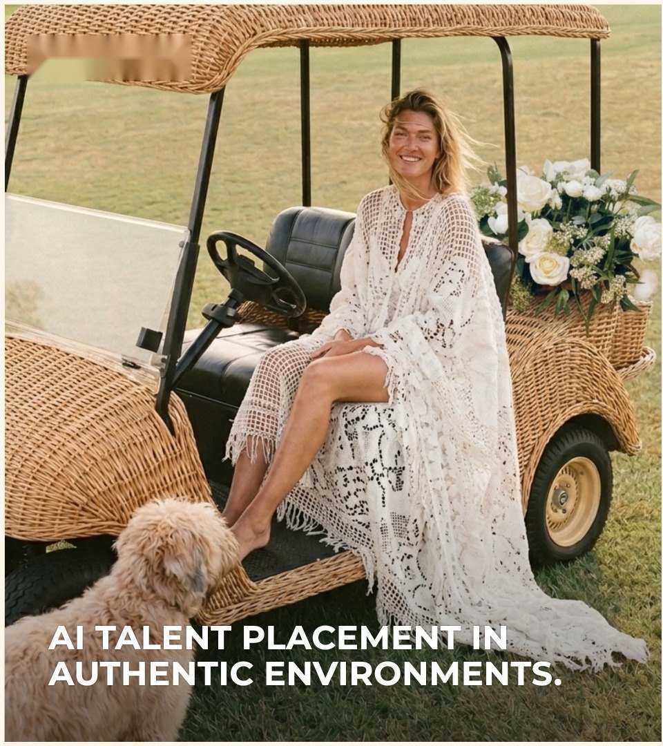 Model in a white lace cover-up seated on a wicker golf cart with a dog