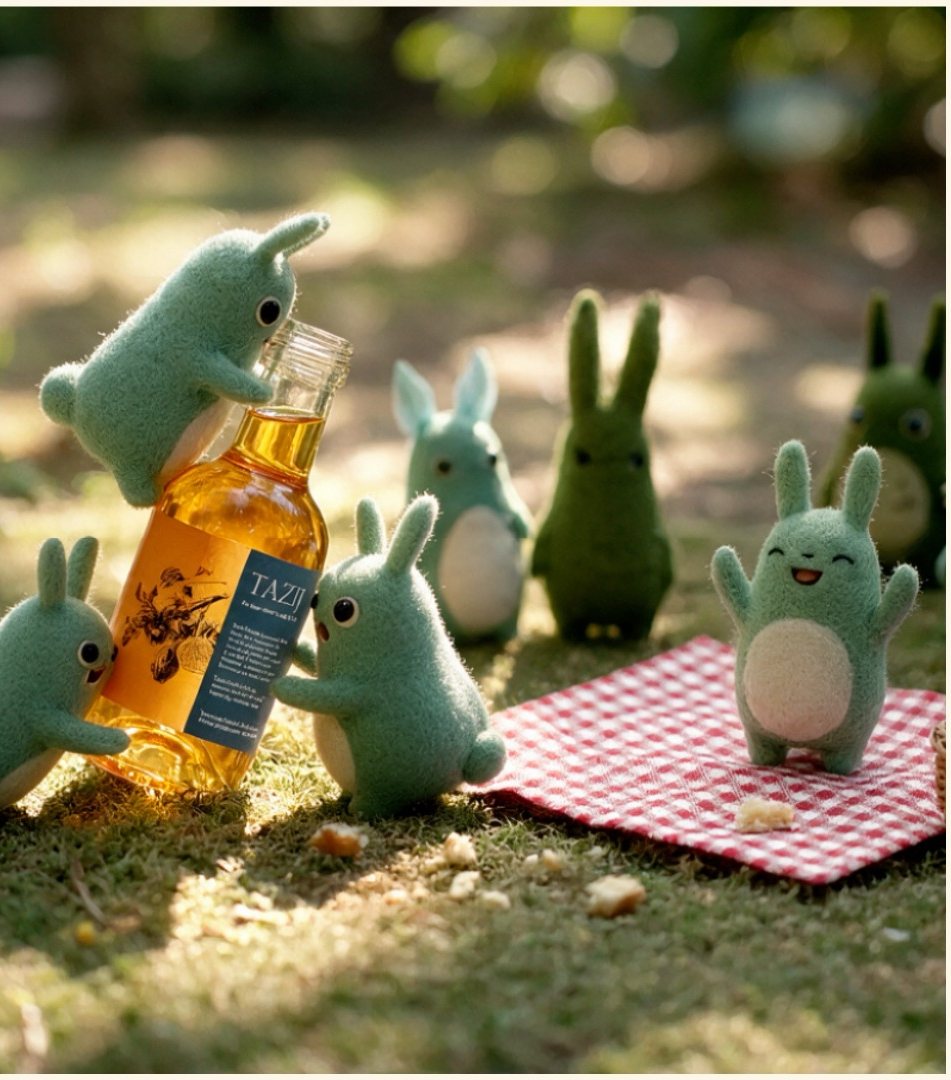 Felted creatures climbing a Tazij soda bottle at a picnic